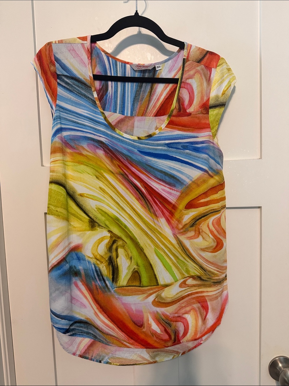 Jams World Multicolor Eros Watercolor Scoop Neck Rainbow Swirl Short Sleeve Top